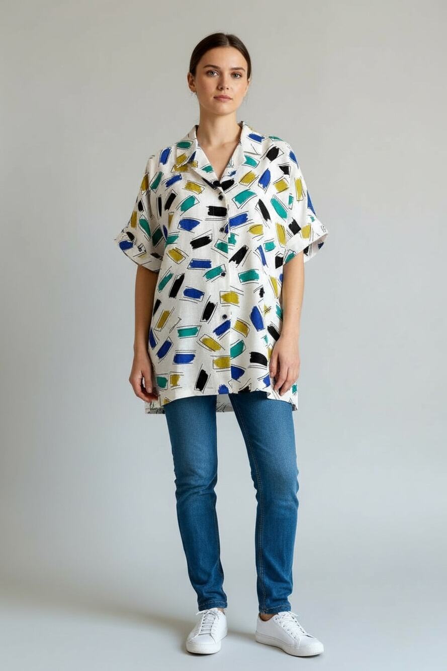 Vintage Top Size S Janine Pauporte Button Down V Neck Collar Art to Wear France